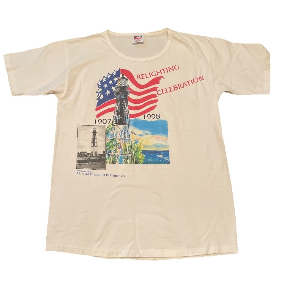 VTG Lighthouse American Flag T-Shirt 1998 Anvil Made in USA